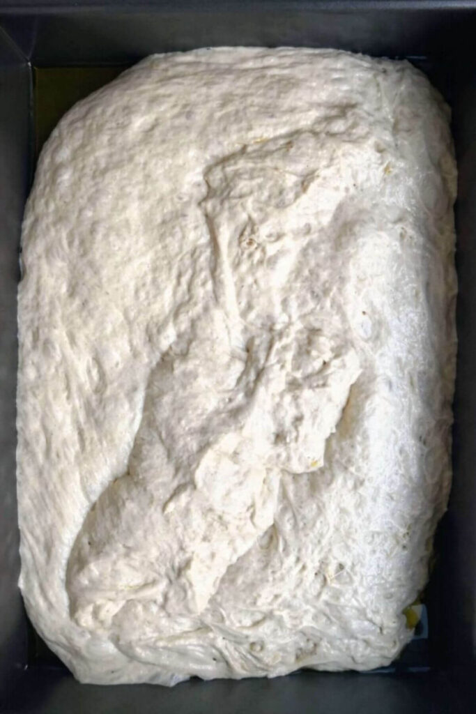 Focaccia dough in a rectangular dark grey oven tray.