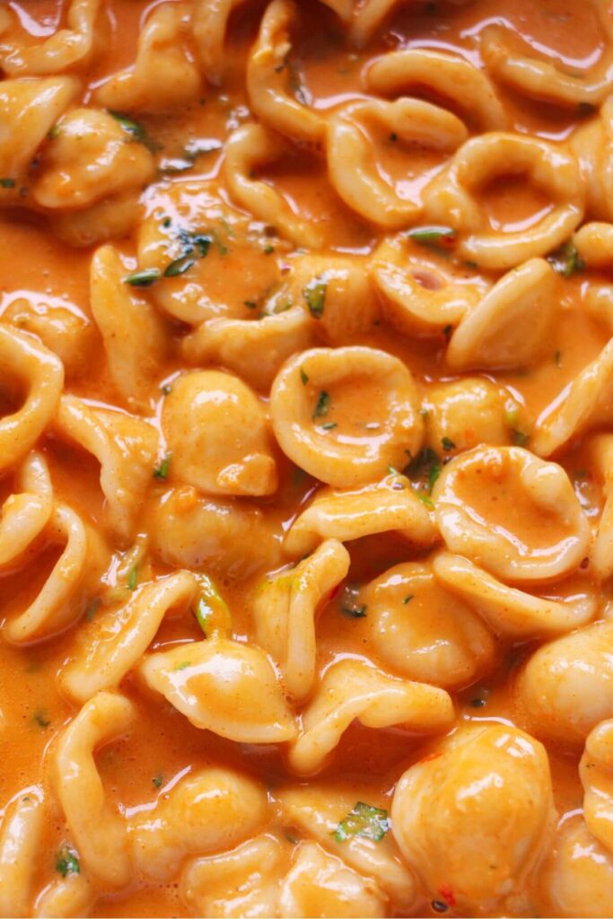 Close up of saucy gochujang pasta.