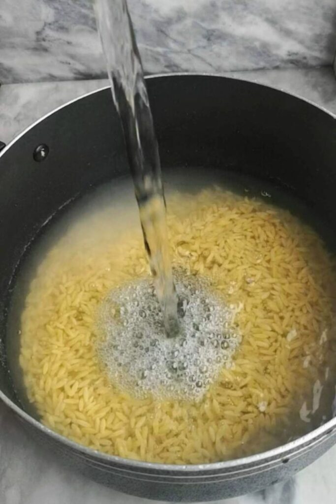 Stream of water pouring into a pot with orzo pasta.