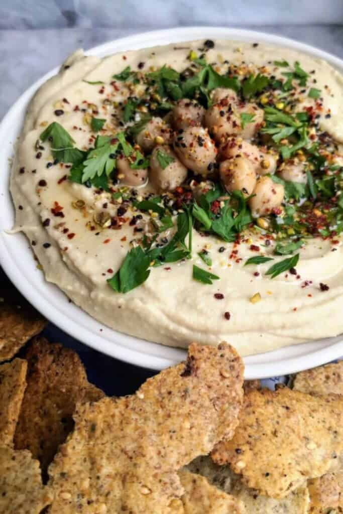 Sourdough crackers with hummus.