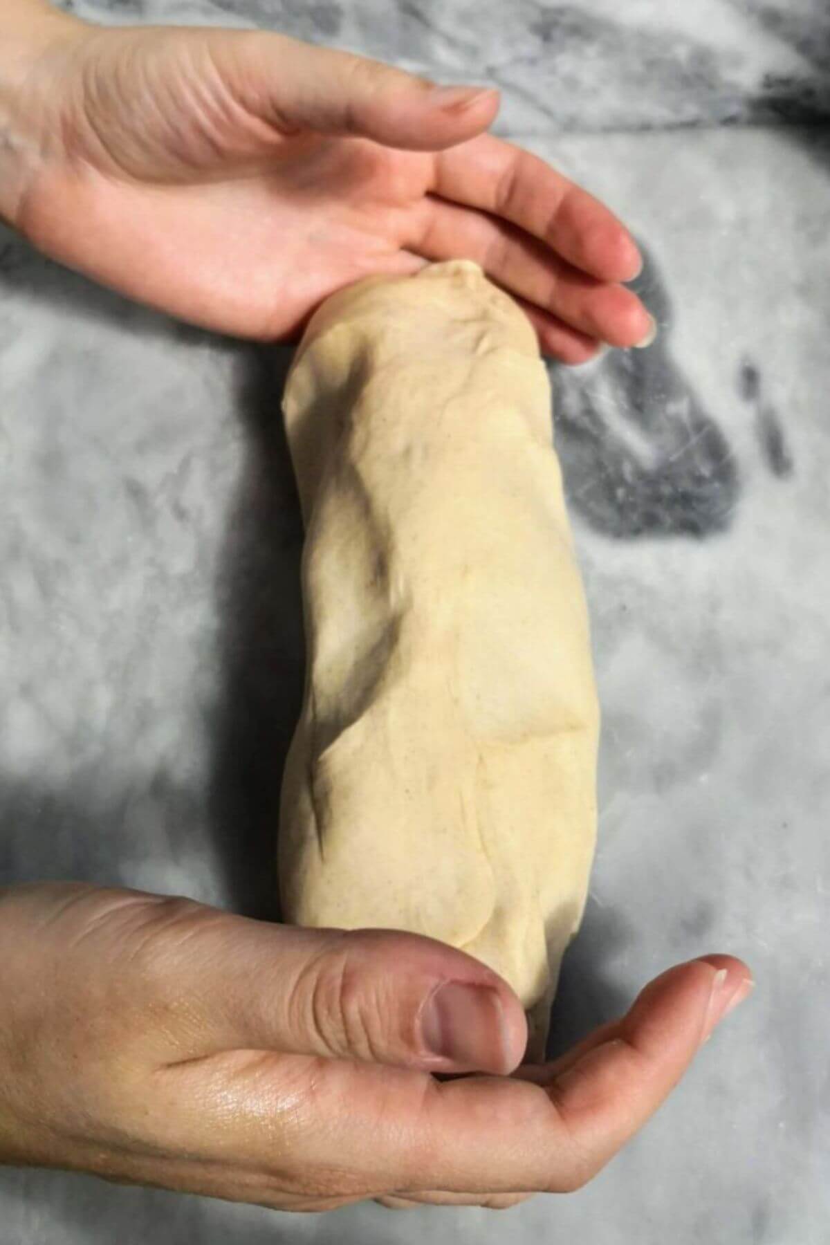 Bao dough formed into a long log on a grey marble background.