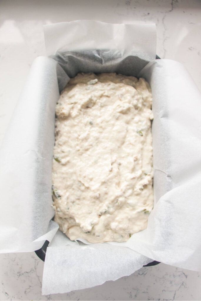 Vogels style bread dough in a baking paper lined tin.