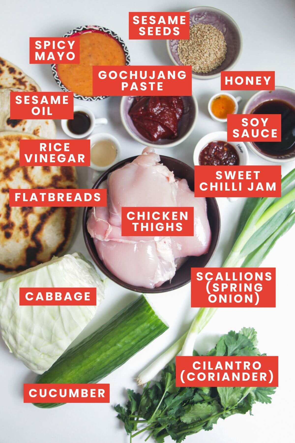 Ingredients for gochujang chicken laid out and labelled.