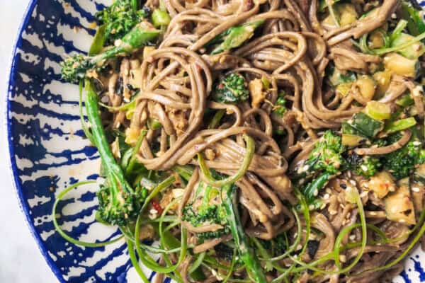 Sesame soba noodles with cucumber and broccolini in a white and blue bowl with chopsticks, with a small bowl of spring onions on the side.