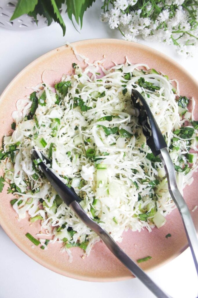 Sesame cucumber cabbage slaw in a pink bowl.