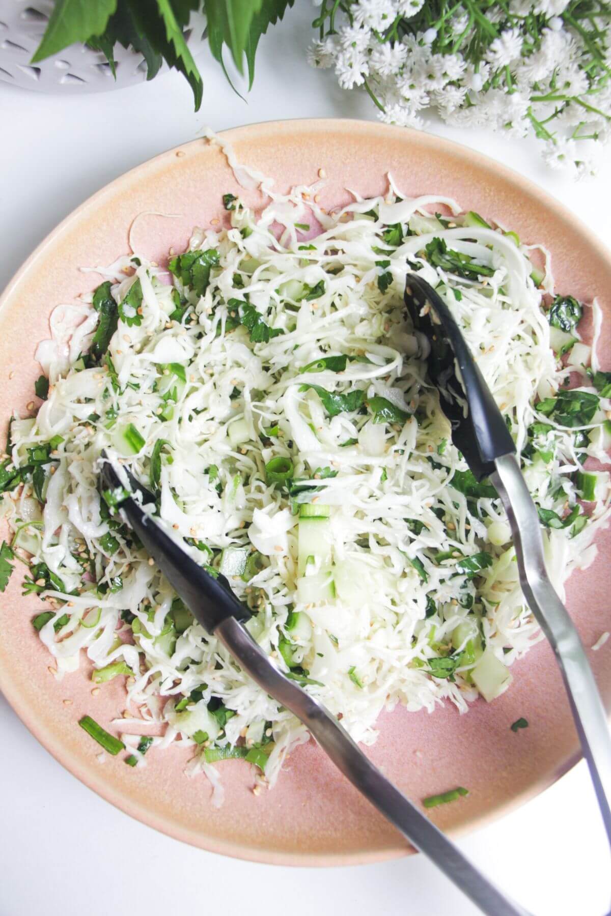 Sesame cucumber cabbage slaw in a pink bowl.