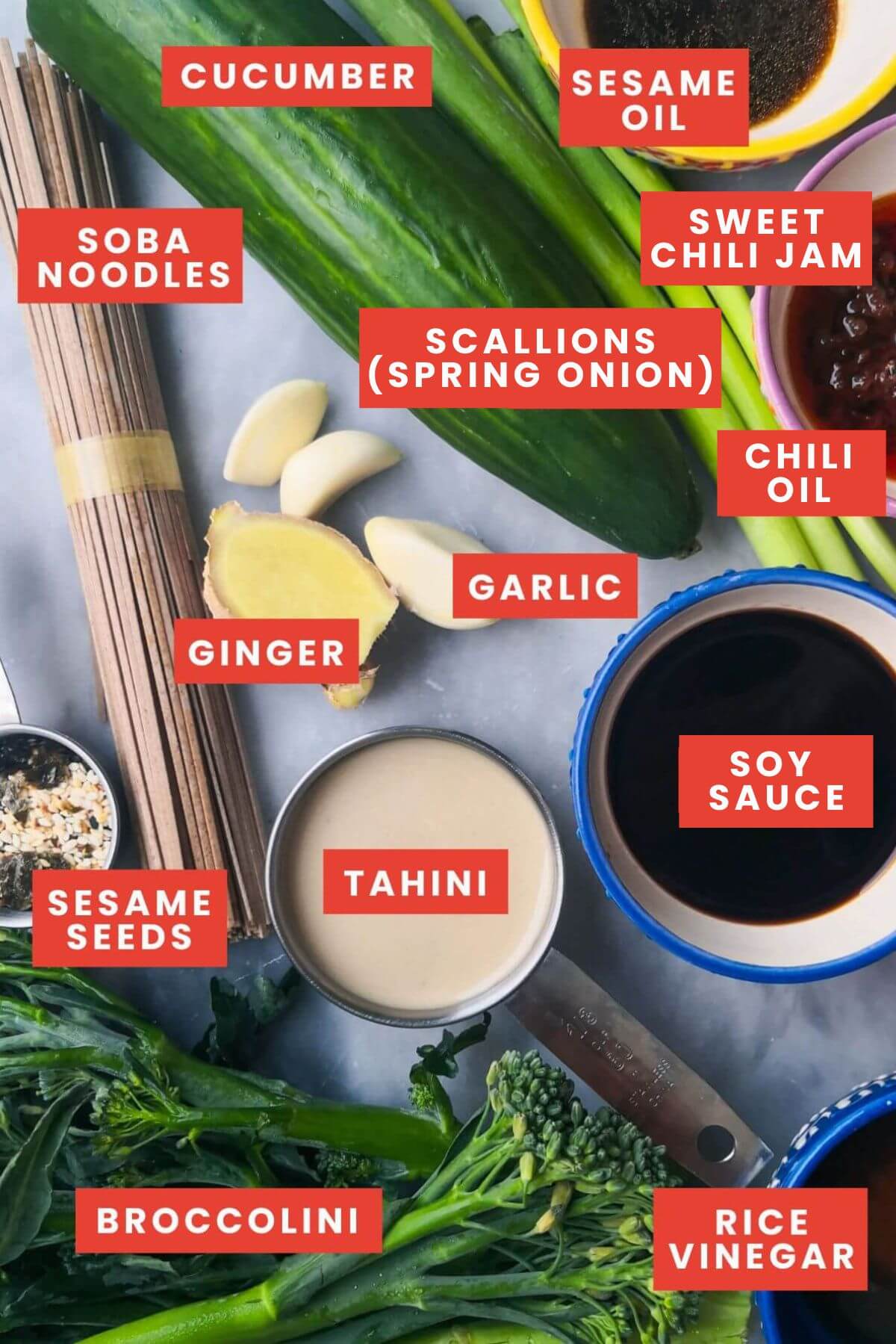 Ingredients for sesame soba noodle salad laid out and labelled.