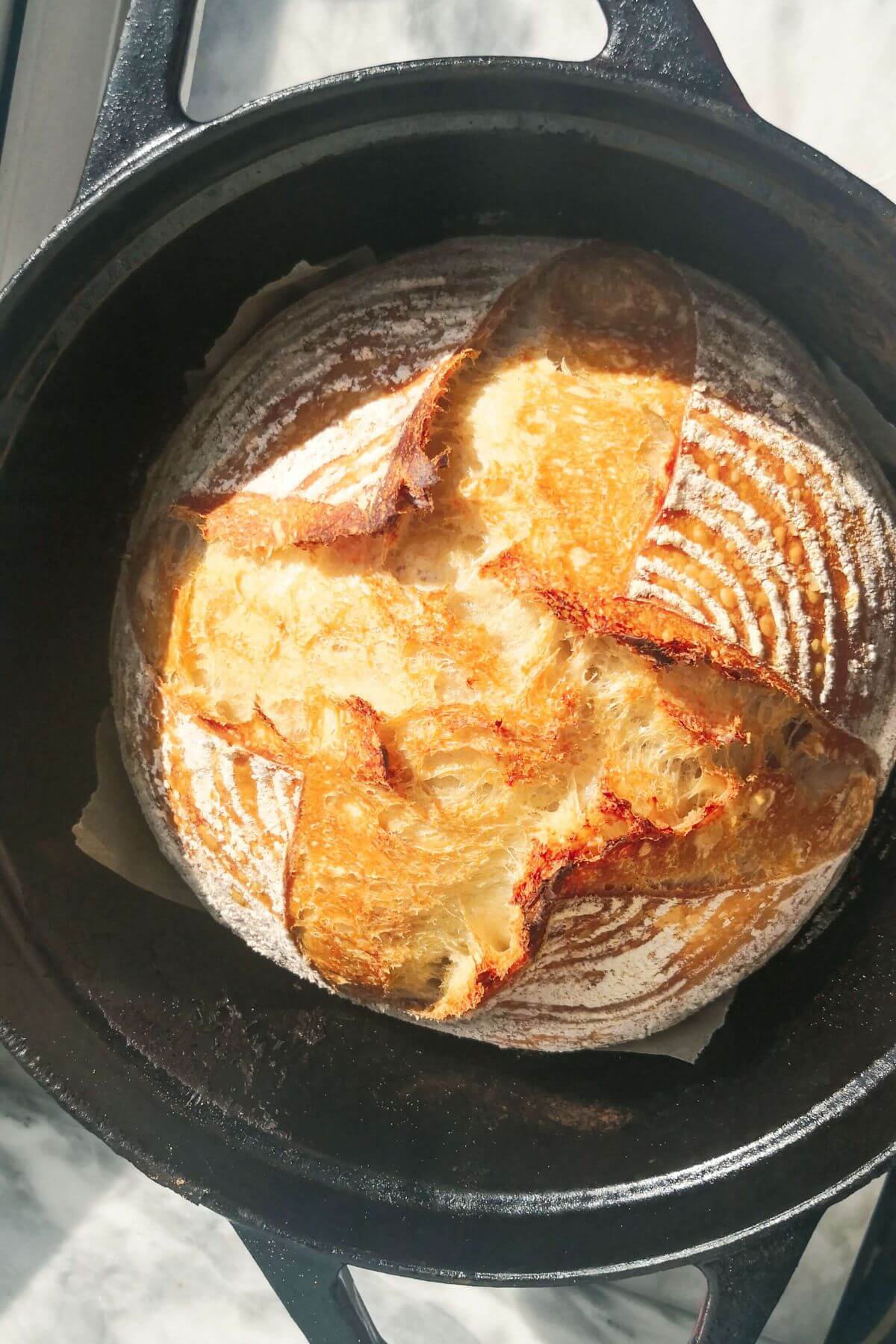 Golden baked bread in a black cast iron pot.