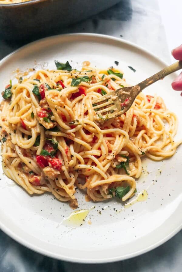 Baked tomato and burrata pasta on a white plate, with blue dish of pasta in the background.