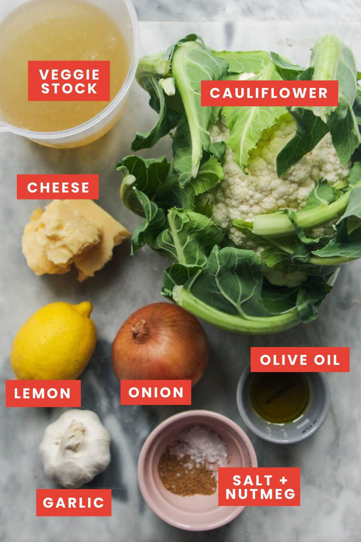 Ingredients for cauliflower cheese soup laid out and labelled.