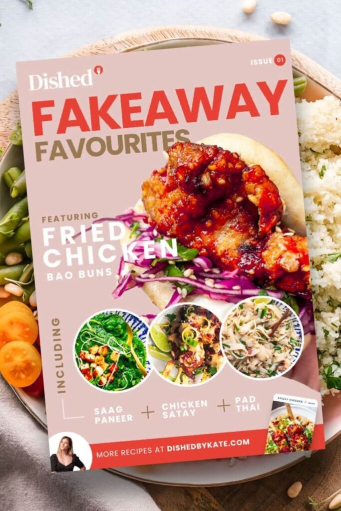 Fakeaway Favourites book cover superimposed over a bowl of colourful salad.
