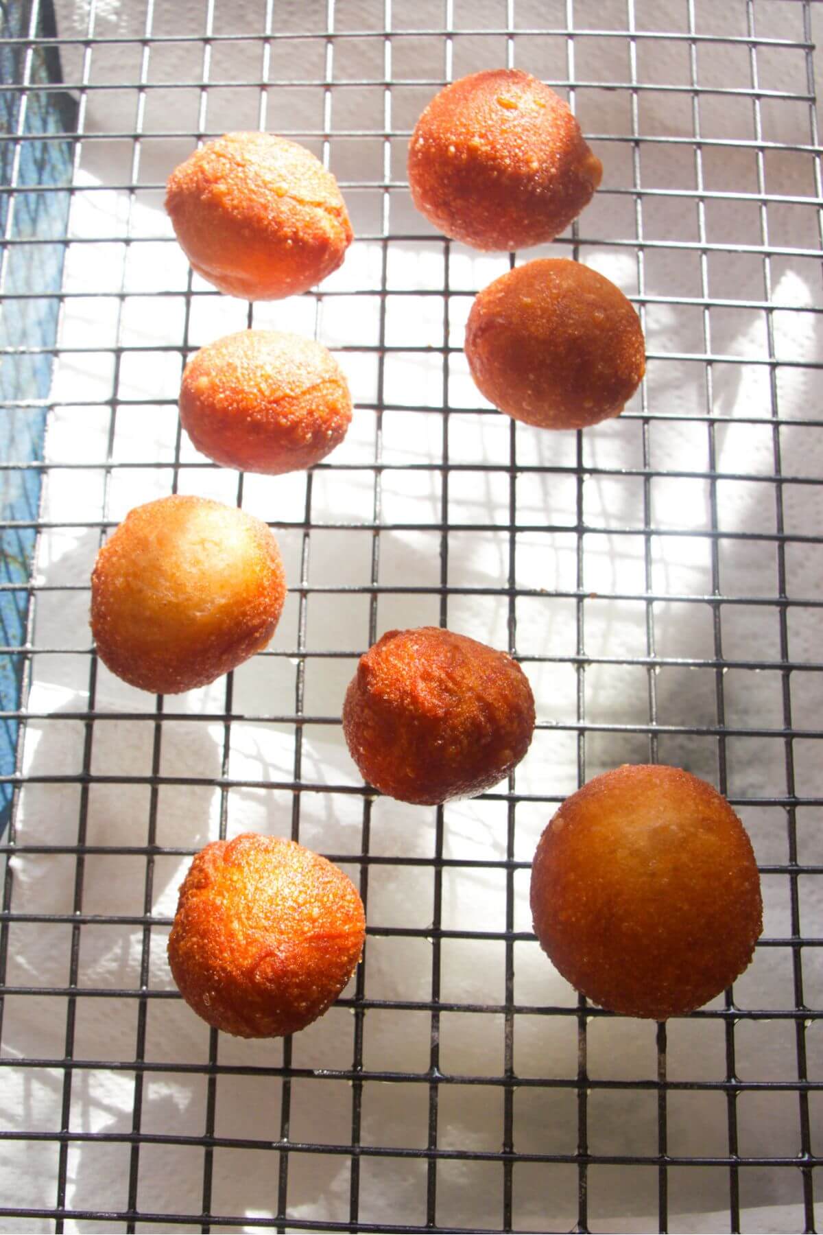 Fried donut bites sitting on a wire rack over a paper towel lined dish.