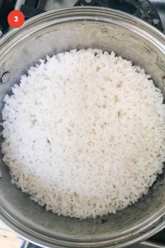 Cooked rice in a small saucepan.