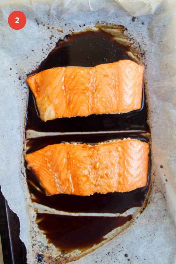 Two salmon fillets cooked in baking pan.