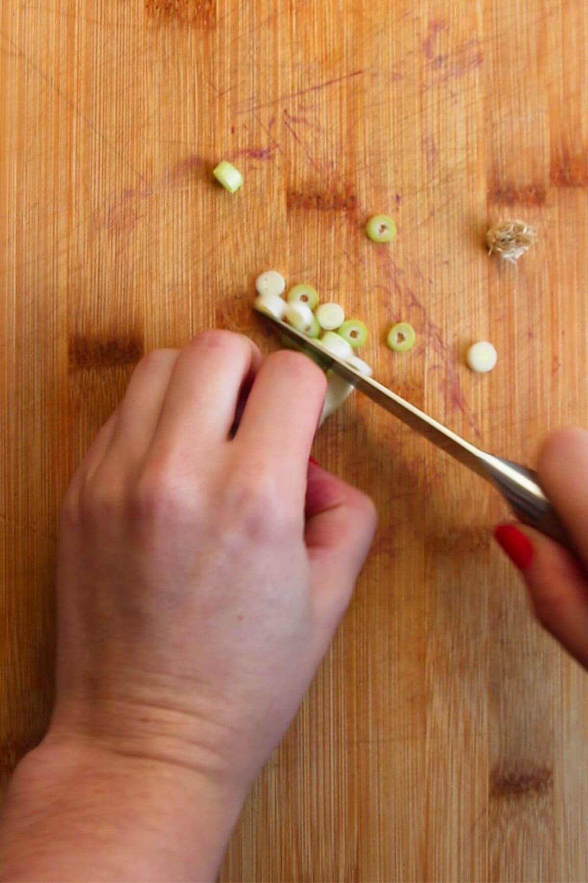 Hand holding spring onion and slicing it with a small knife.