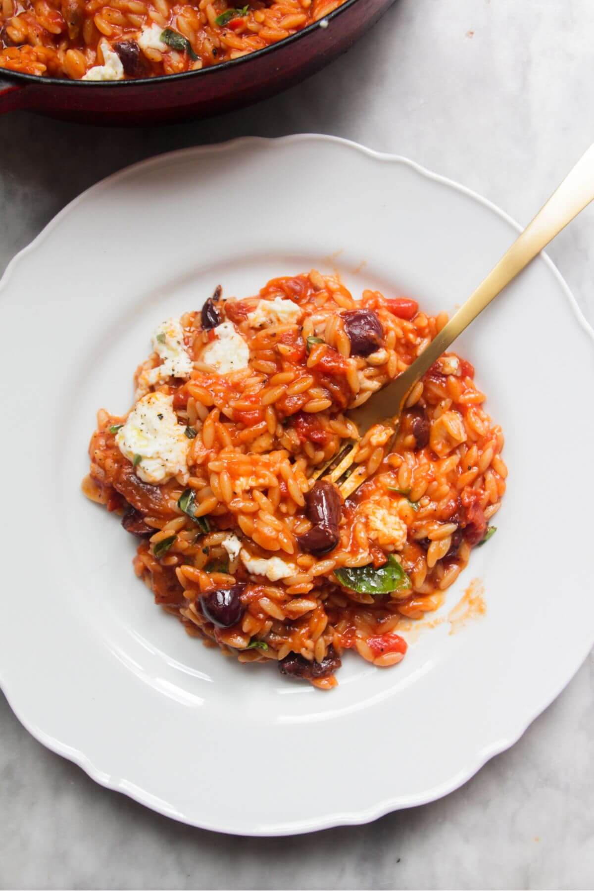 Tomato orzotto on a white plate with pan of more orzo in the background.