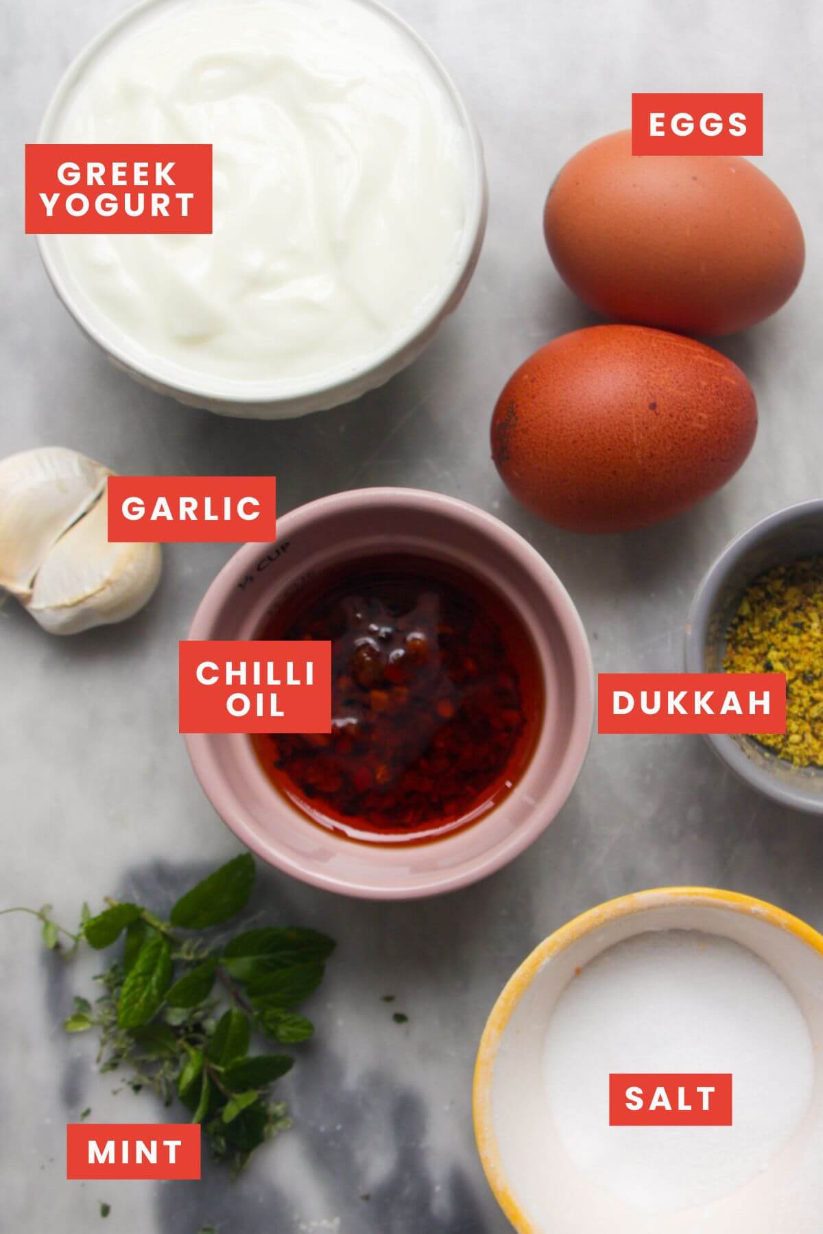 Ingredients for Turkish eggs laid out on a grey marble background and labelled.