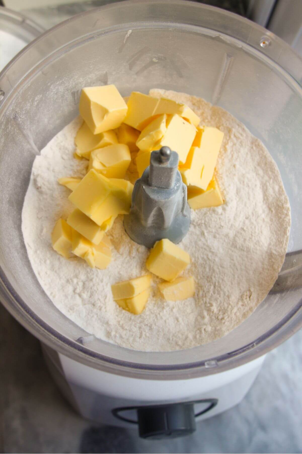 Flour and butter in the bowl of a food processor.