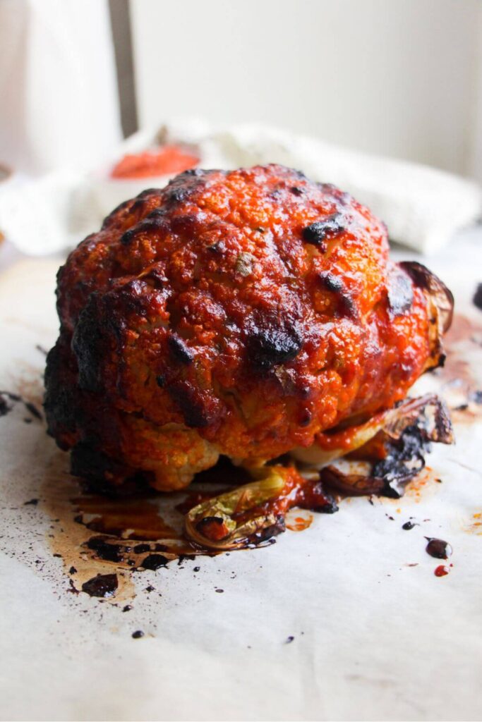 Miso whole roasted cauliflower out of the oven.