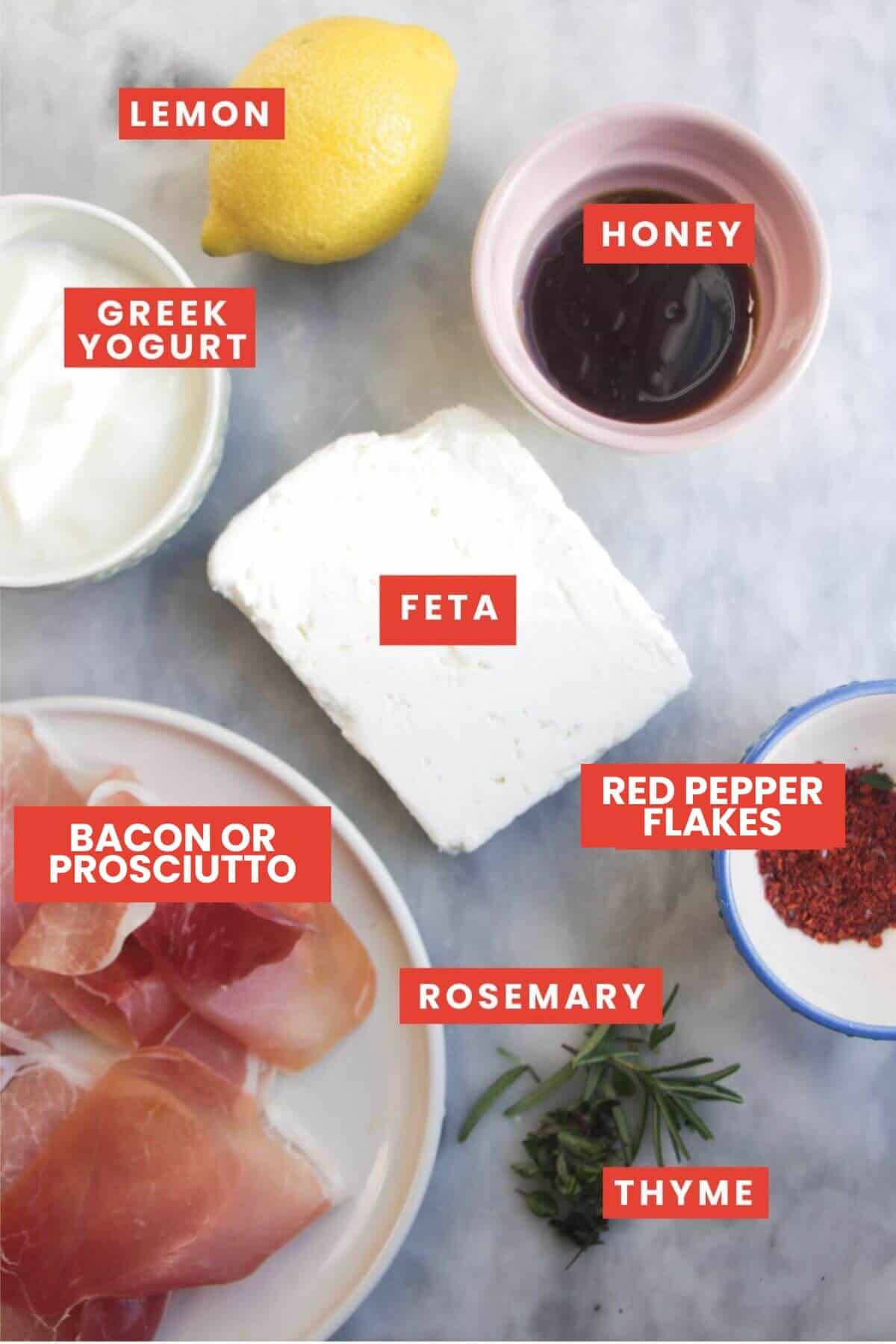 Ingredients for whipped feta dip laid out and labelled.
