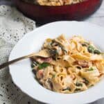 Close up of a bowl of creamy mushroom pasta, with a fork in it.