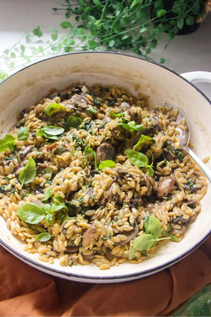 Close up of mushroom orzo in a large white skillet.
