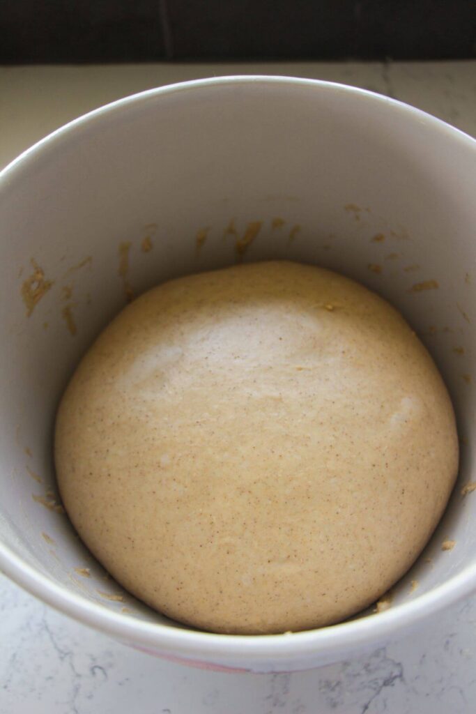 Hot cross bun dough after rising in a large white bowl.