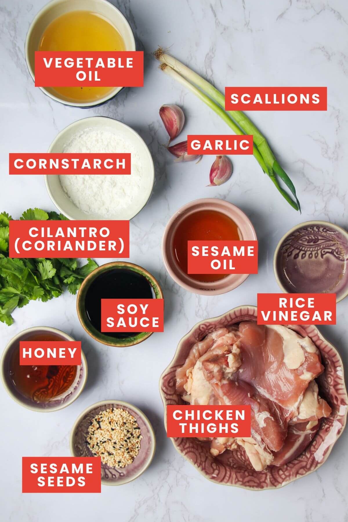 Ingredients for honey sesame chicken laid out on a white marble background and labelled.