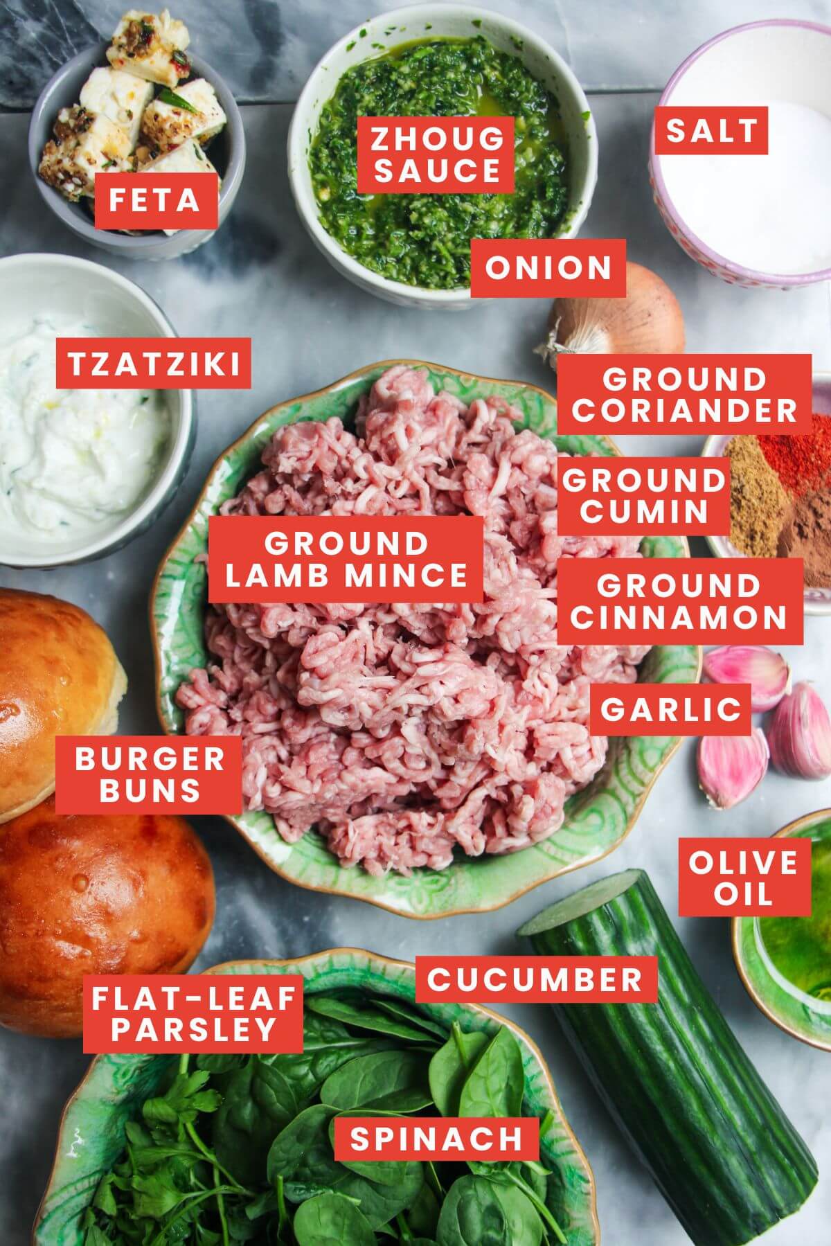 Ingredients for Greek lamb burger laid out on a grey marble background and labelled.