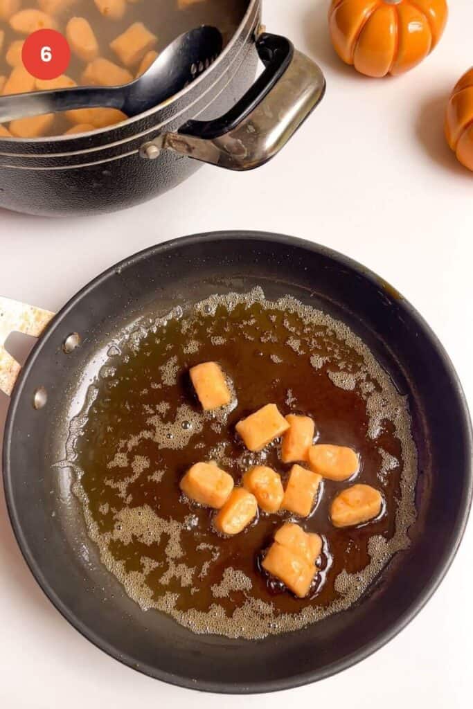 Sweet potato gnocchi in pan with brown butter.