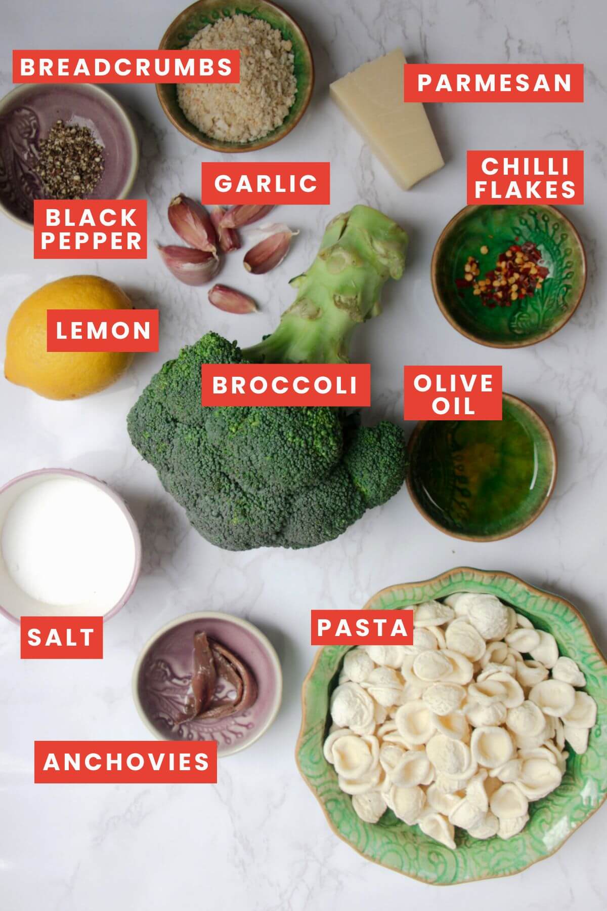 Ingredients for broccoli pasta laid out and labelled.