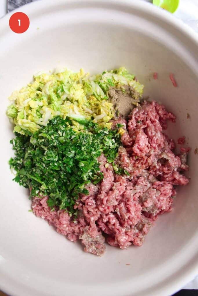 Ingredients for pork dumplings in large mixing bowl.