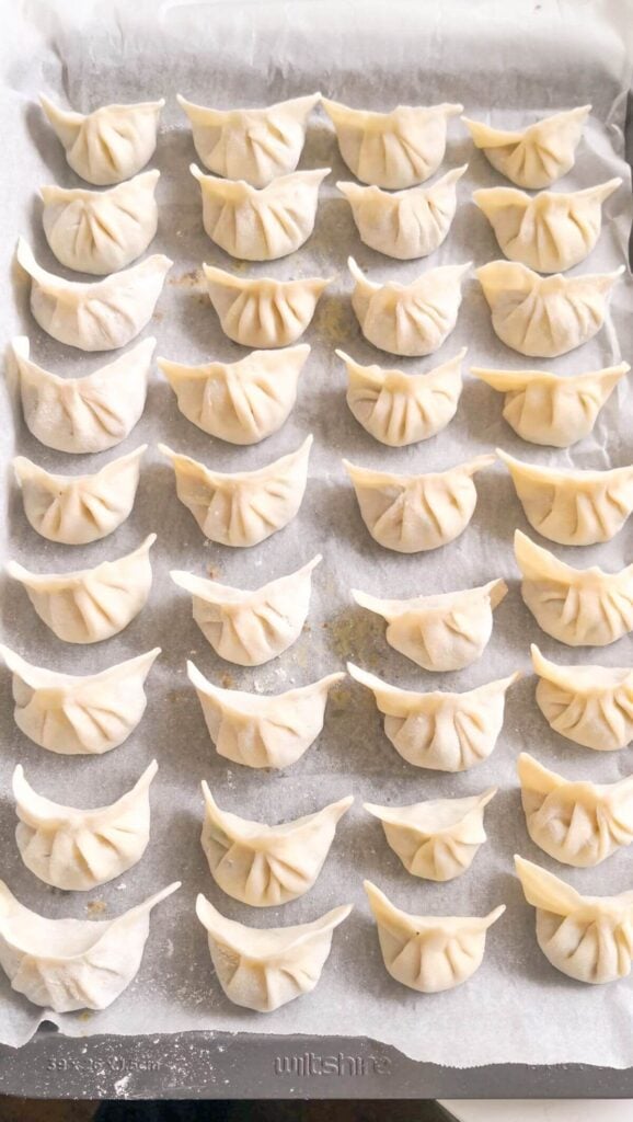 Dumplings laid out on a lined baking tray.