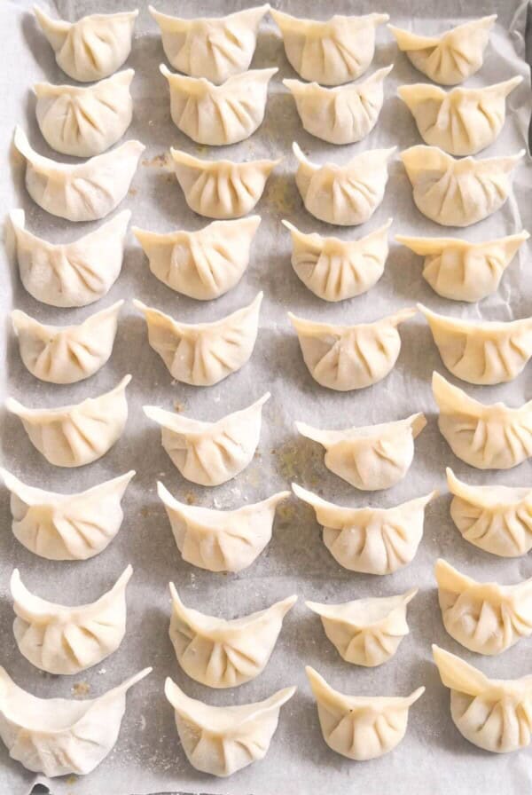 Dumplings laid out on a lined baking tray.