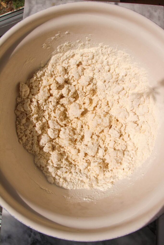Flour and water mixed into a shaggy dough in a large white bowl.