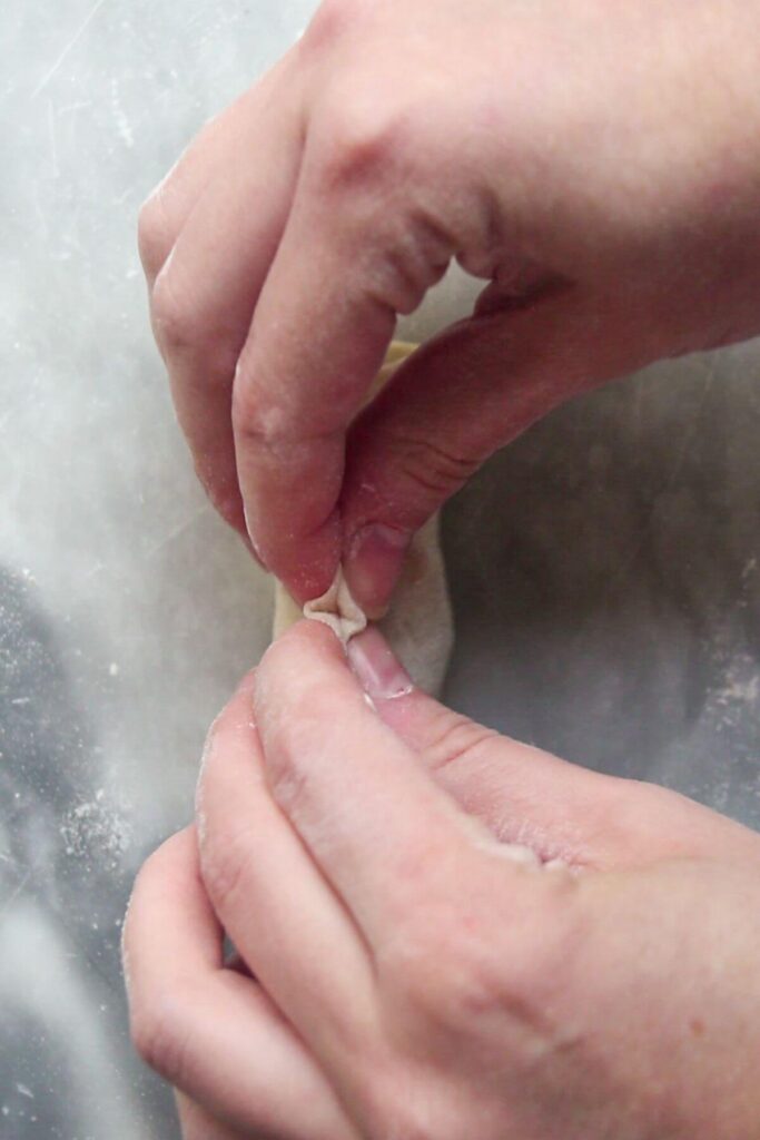 Hands folding a dumpling.