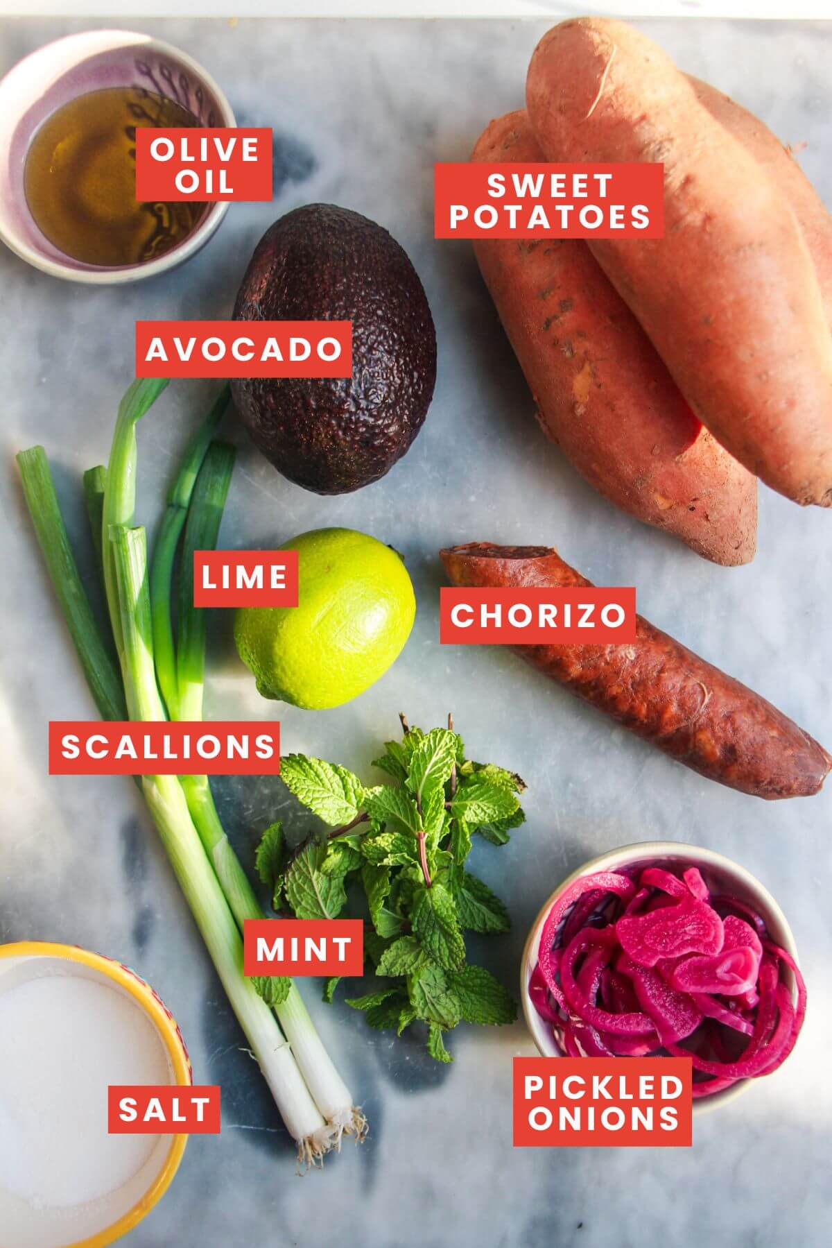 Ingredients for sweet potato bites laid out and labelled.