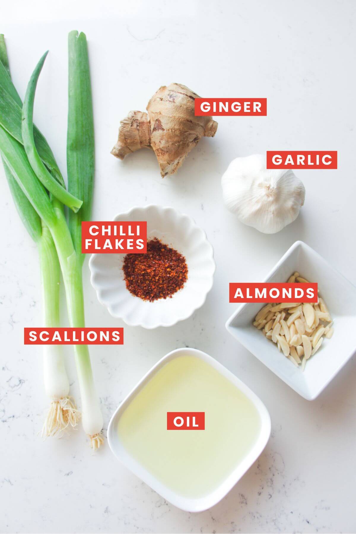Ingredients for sizzling oil yogurt dip laid out and labelled.