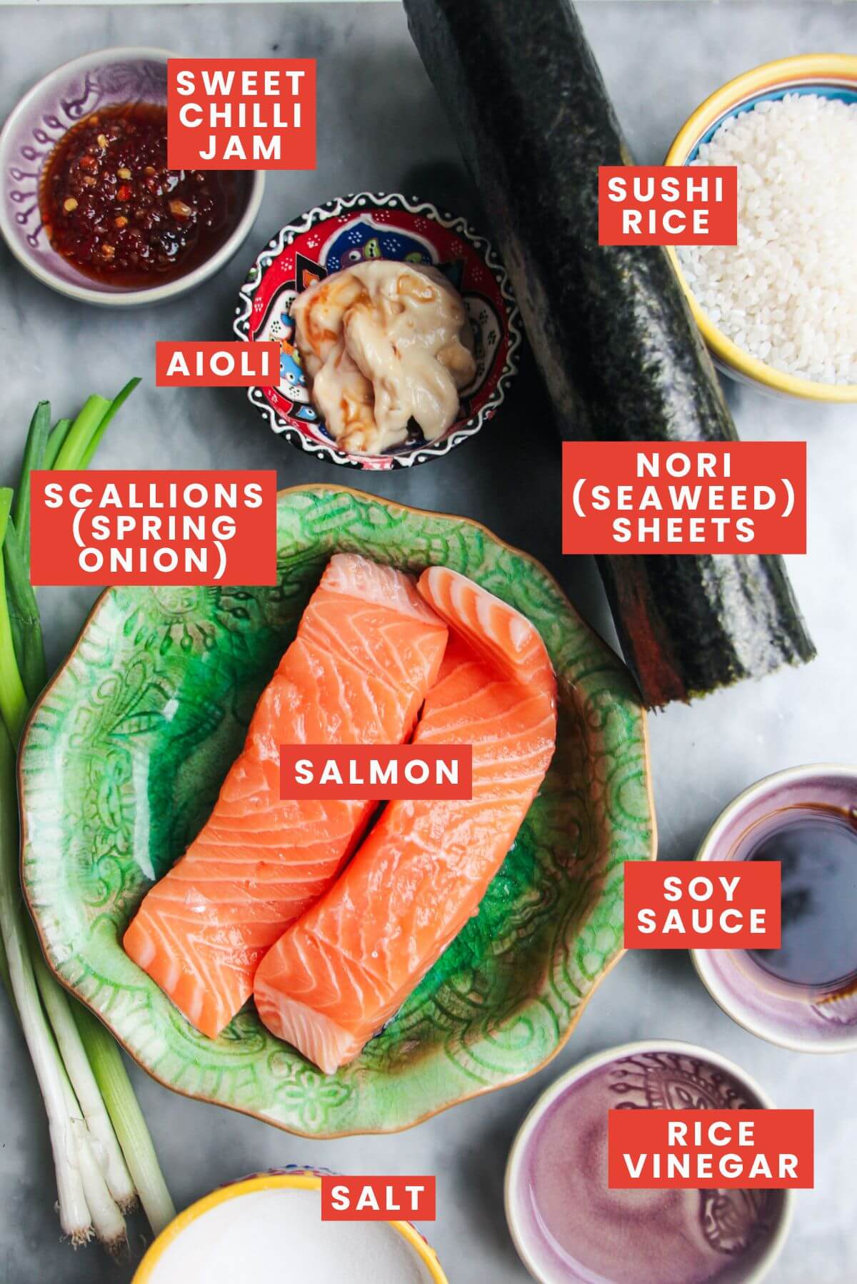 Ingredients for baked salmon sushi cups laid out and labelled.