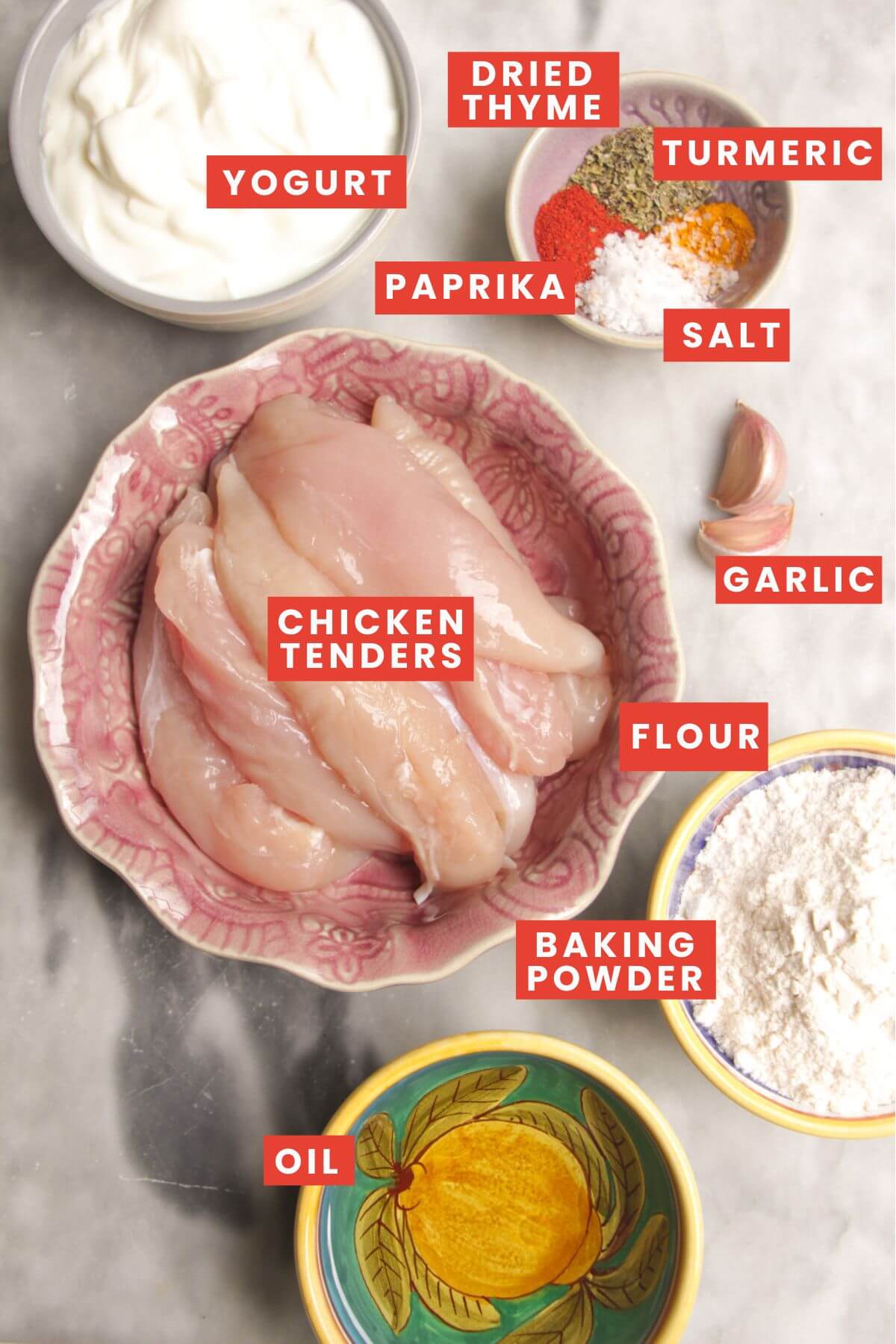 Ingredients for hot honey chicken tenders laid out and labelled.