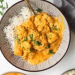 Chicken korma curry on top of rice in a bowl, with more curry and rice on the side.