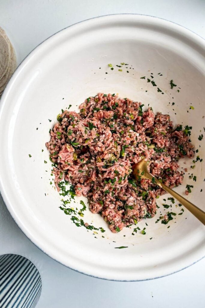 Pork dumpling taco mixture in a large mixing bowl.