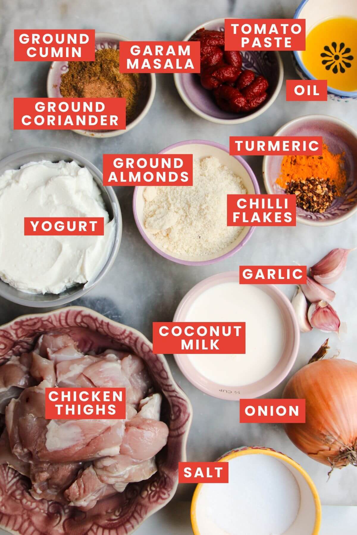 Ingredients for chicken korma laid out on a kitchen surface and labelled.