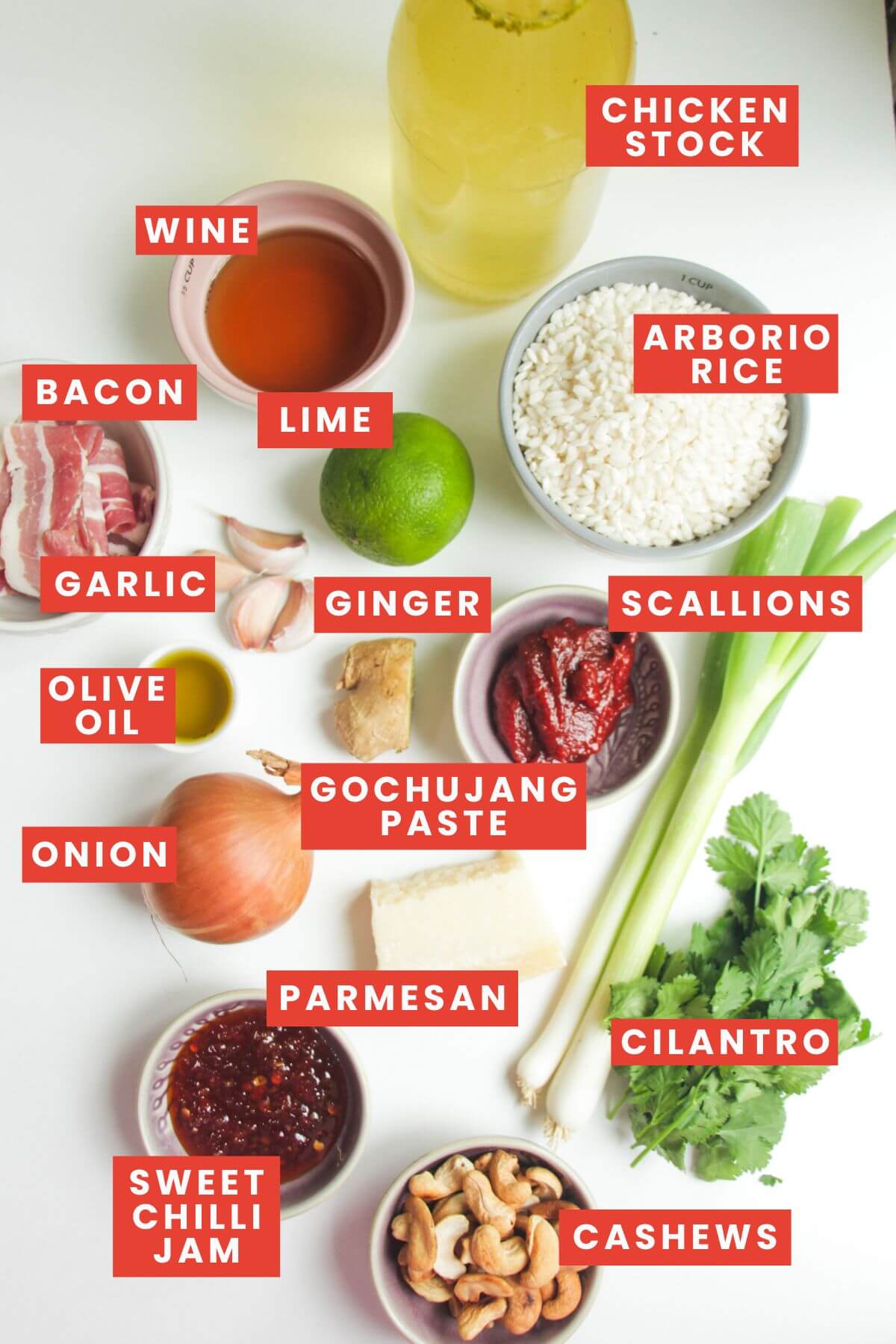 Ingredients for gochujang risotto laid out and labelled.