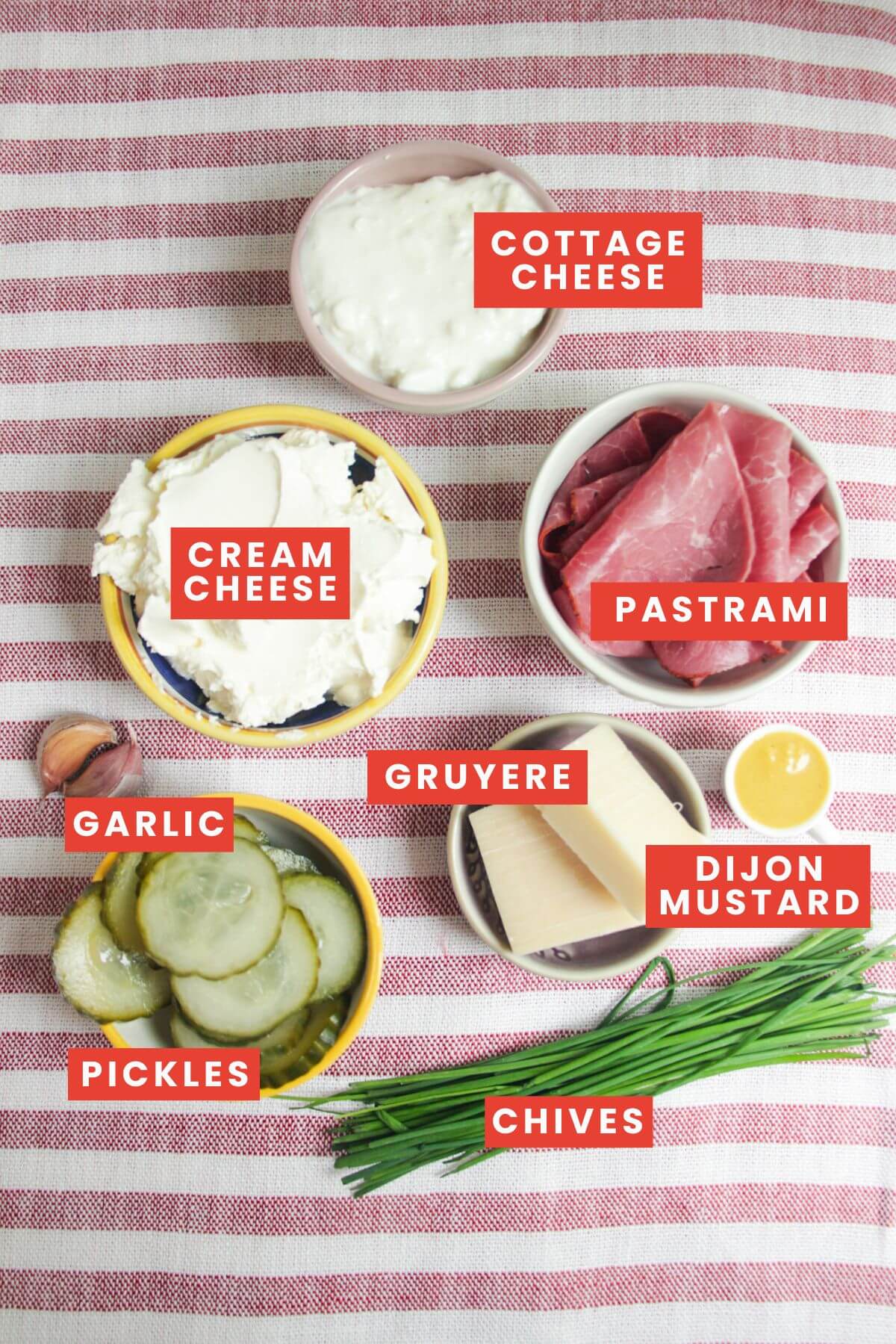 Ingredients for pastrami dip laid out and labelled.