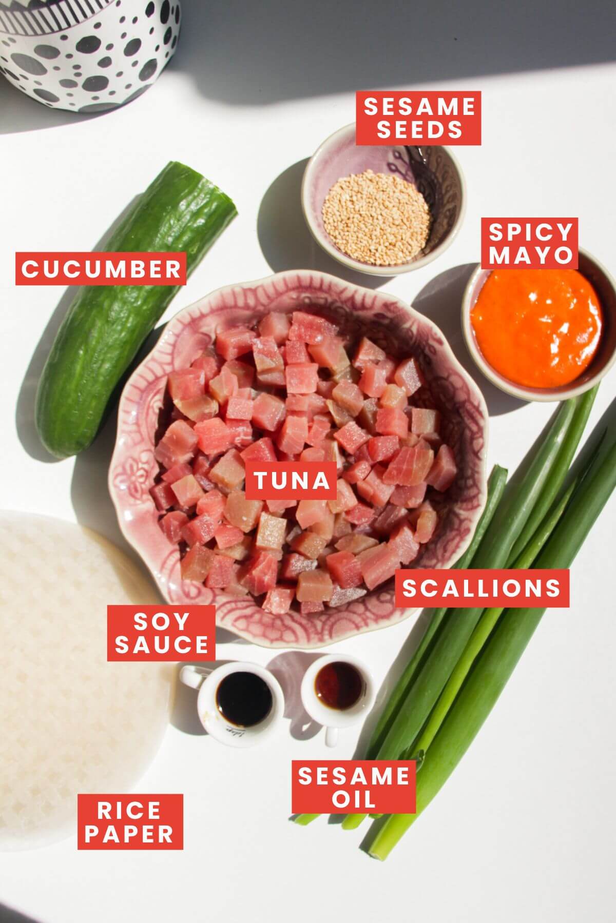 Ingredients for spicy tuna rice paper cups laid out and labelled.