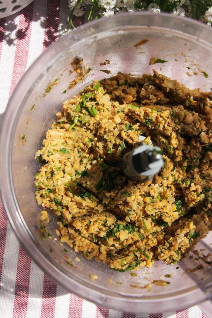 Falafel mixture blitzed in a food processor.