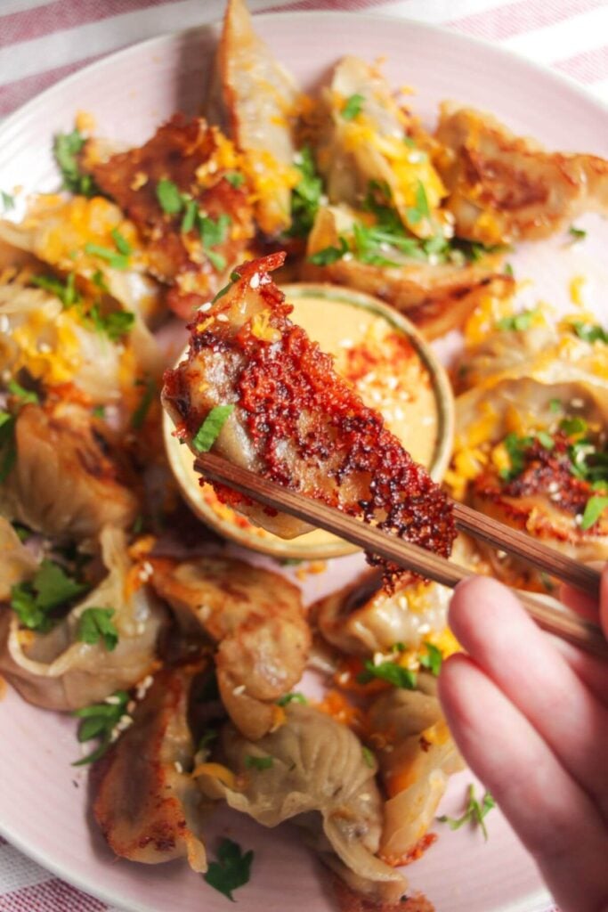 Hand holding chopstick holding up a cheeseburger dumpling.