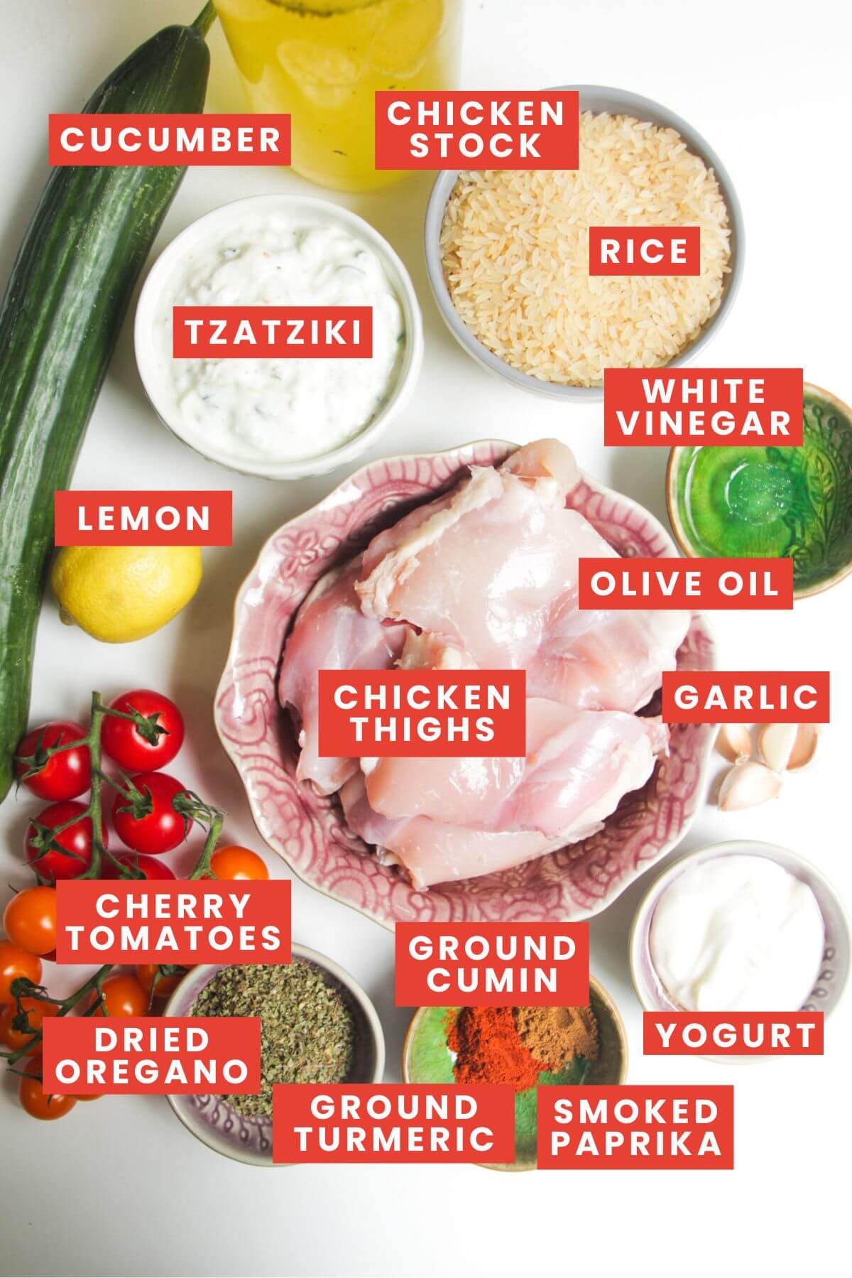 Ingredients for Mediterranean chicken bowls laid out and labelled.