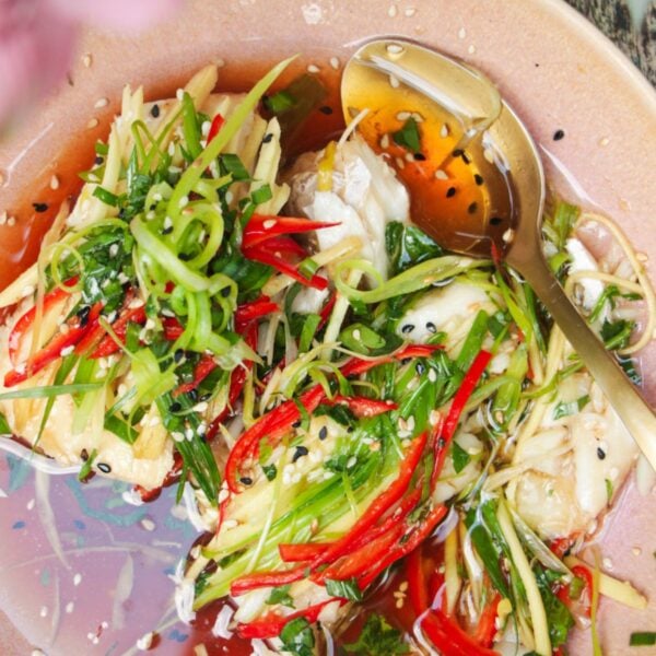 Two fish fillets topped with scallions, ginger and chili in a pink bowl.